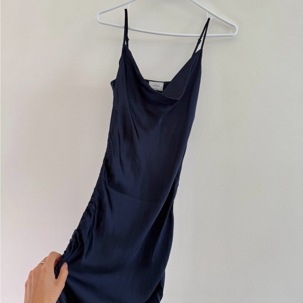 Wilfred Navy Satin Cowl Slip Dress with Adjustable Straps